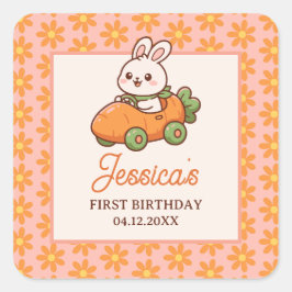 Cute Paashaas Bloem 1e Verjaardagsfeestje Vierkante Sticker