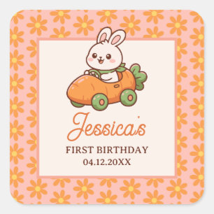 Cute Paashaas Bloem 1e Verjaardagsfeestje Vierkante Sticker