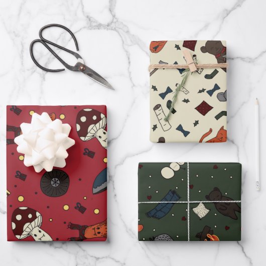 Cute paddenstoelen en Beer, egel, muis Winter Inpakpapier Vel (Voorkant)