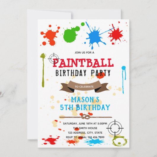 Cute paintball birthday party invitation kaart (Voorkant)