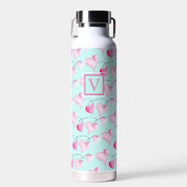Cute Painted Hearts Monogram Water Fles