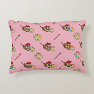 Cute Painter Owl Cartoon Accent Kussen