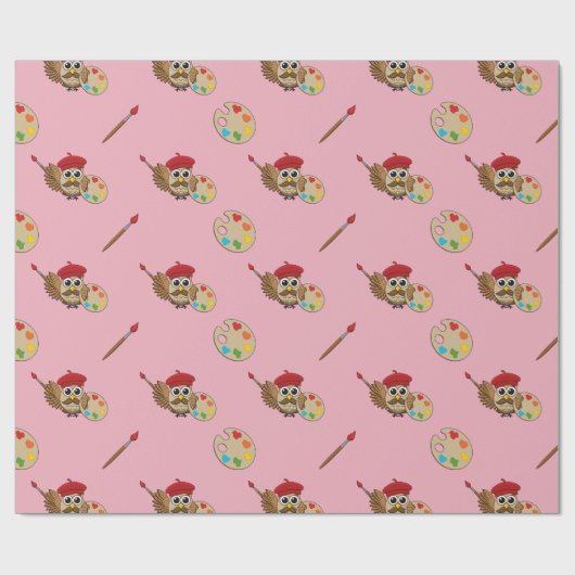 Cute Painter Owl Cartoon Cadeaupapier (Vlak)