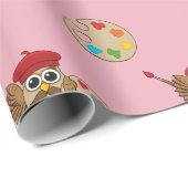 Cute Painter Owl Cartoon Cadeaupapier (Rol Hoek)