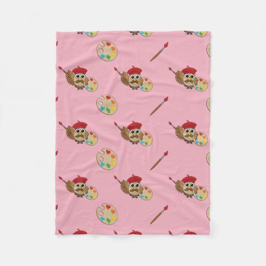 Cute Painter Owl Cartoon Fleece Deken (Voorkant)