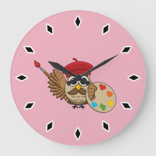 Cute Painter Owl Cartoon Grote Klok
