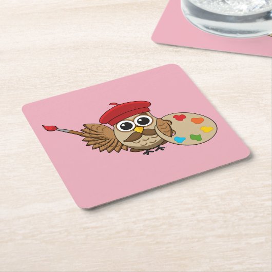 Cute Painter Owl Cartoon Kartonnen Onderzetters (Schuin)