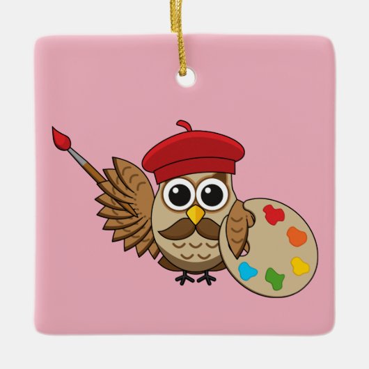 Cute Painter Owl Cartoon Keramisch Ornament (Voorkant)