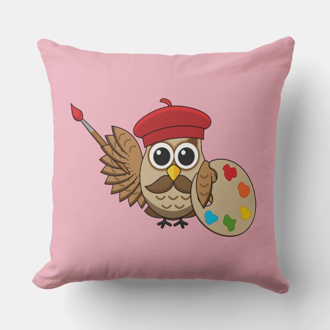 Cute Painter Owl Cartoon Kussen (Voorkant)