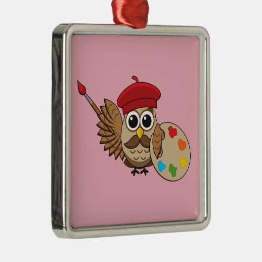 Cute Painter Owl Cartoon Metalen Ornament (Rechts)