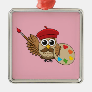 Cute Painter Owl Cartoon Metalen Ornament