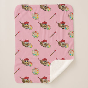 Cute Painter Owl Cartoon Sherpa Deken