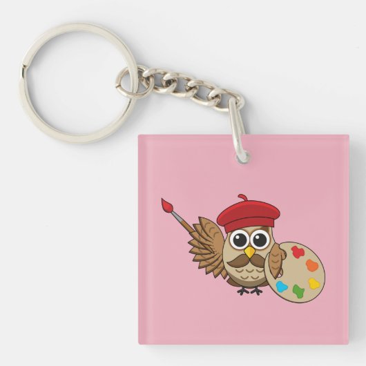 Cute Painter Owl Cartoon Sleutelhanger (Voorkant)