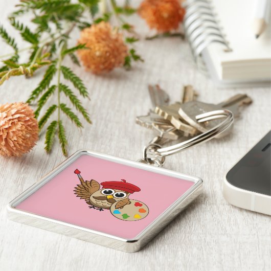 Cute Painter Owl Cartoon Sleutelhanger (Zijkant)
