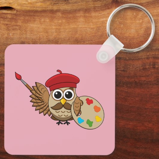 Cute Painter Owl Cartoon Sleutelhanger (Achterkant)