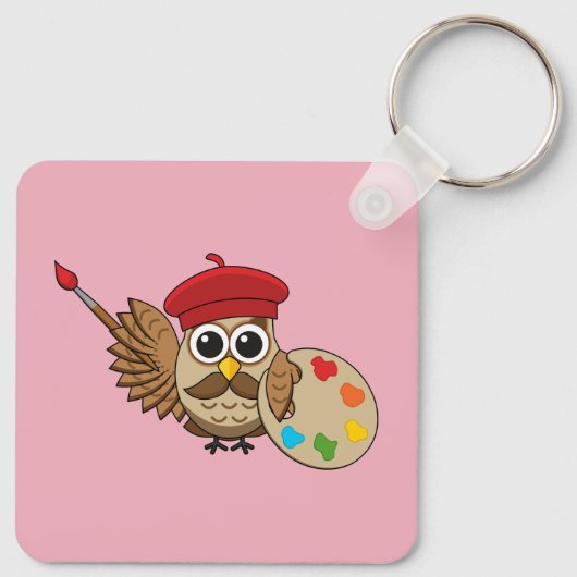 Cute Painter Owl Cartoon Sleutelhanger (Achterkant)