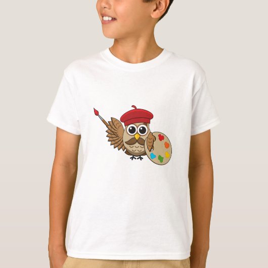 Cute Painter Owl Cartoon T-shirt (Voorkant)