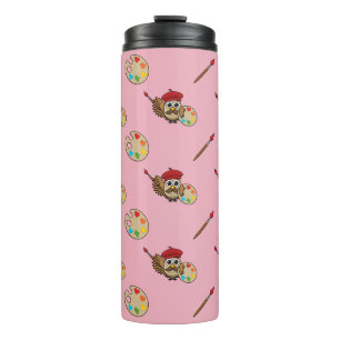 Cute Painter Owl Cartoon Thermosbeker
