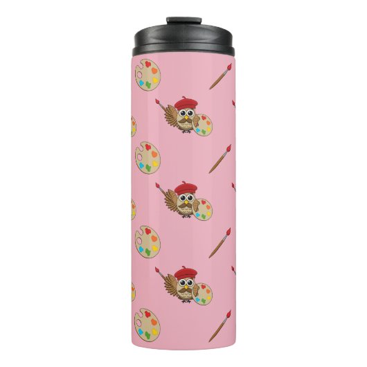Cute Painter Owl Cartoon Thermosbeker (Voorkant)
