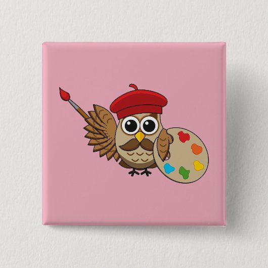 Cute Painter Owl Cartoon Vierkante Button 5,1 Cm (Voorkant)