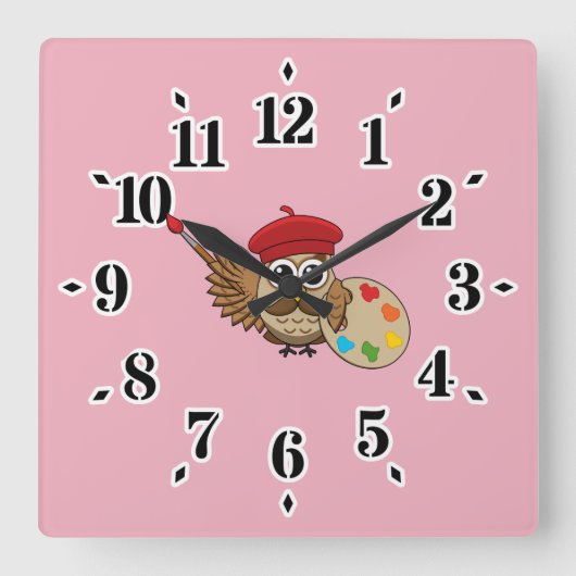 Cute Painter Owl Cartoon Vierkante Klok (Voorkant)