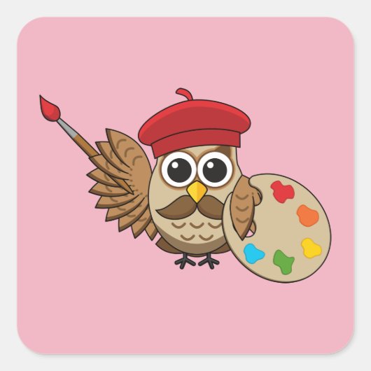 Cute Painter Owl Cartoon Vierkante Sticker (Voorkant)