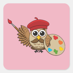 Cute Painter Owl Cartoon Vierkante Sticker