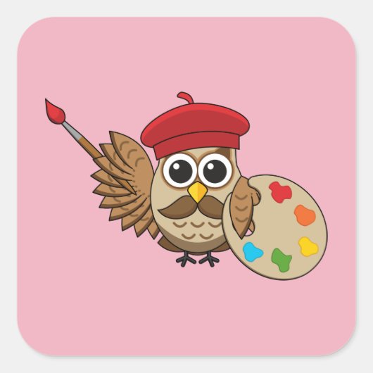 Cute Painter Owl Cartoon Vierkante Sticker (Voorkant)