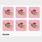 Cute Painter Owl Cartoon Vierkante Sticker (Vel)