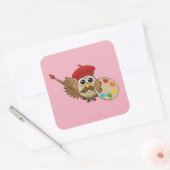 Cute Painter Owl Cartoon Vierkante Sticker (Envelop)