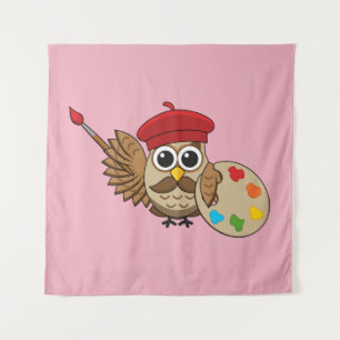 Cute Painter Owl Cartoon Wandkleed