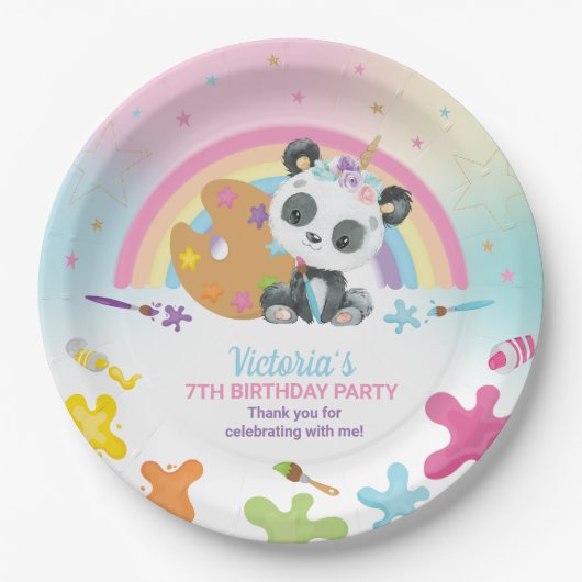 Cute Panda Art Craft Party Rainbow Birthday Papieren Bordje (Voorkant)