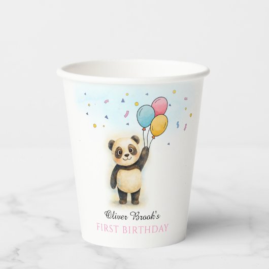 Cute Panda Balloon 1st Birthday Party Paper Cups Papieren Bekers (Voorkant)