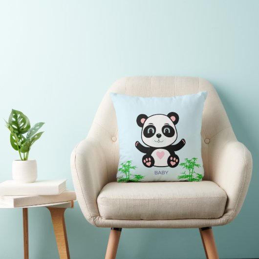 Cute Panda Beer & Bamboo op Light Blue Kussen (Stoel)