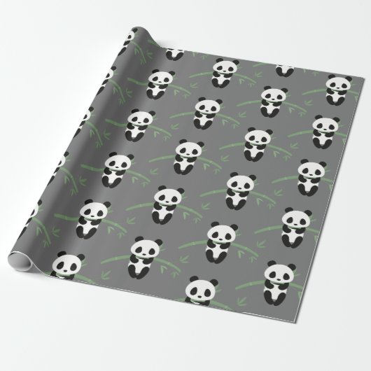 Cute Panda Beer Bamboo Pattern Grey Cadeaupapier (Uitgerold)