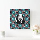 Cute Panda Beer Blue Pink Flowers Floral Pattern Vierkante Klok (Huis)