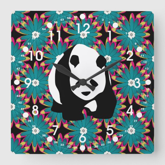 Cute Panda Beer Blue Pink Flowers Floral Pattern Vierkante Klok (Voorkant)