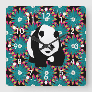 Cute Panda Beer Blue Pink Flowers Floral Pattern Vierkante Klok