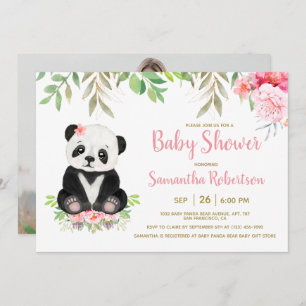 Cute Panda Beer Blush Pink Floral Baby shower Kaart