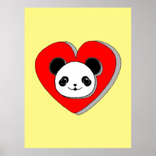 Cute Panda Beer En Rode Hart Tekening Poster