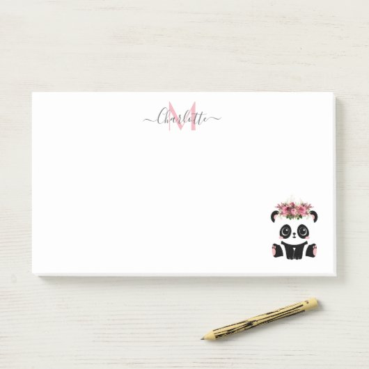 Cute panda beer floral gepersonaliseerd monogram post-it® notes (Op bureau)