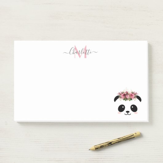 Cute panda beer floral gepersonaliseerd monogram post-it® notes (Op bureau)