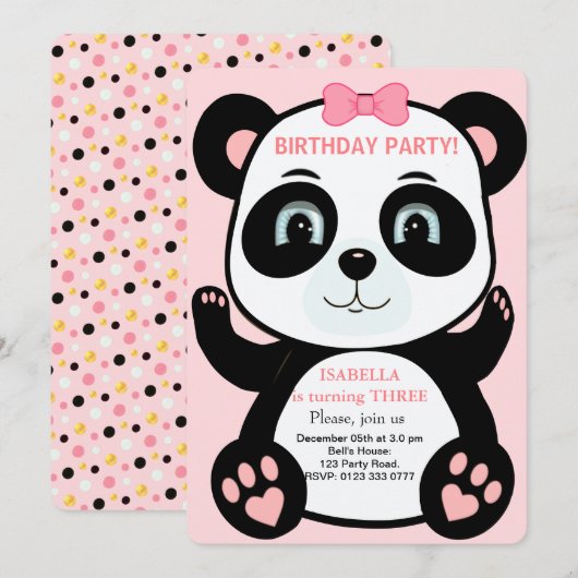 Cute Panda Beer Girls Birthday Uitnodiging (Voorkant / Achterkant)