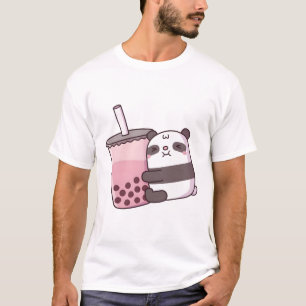 Cute Panda Beer Hugging Strawberry Bubble Tea T-shirt