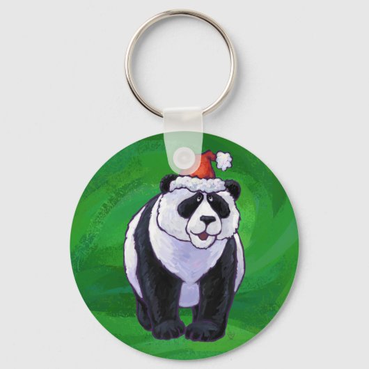 Cute Panda-Beer in Santa Hat op groen Sleutelhanger (Voorkant)