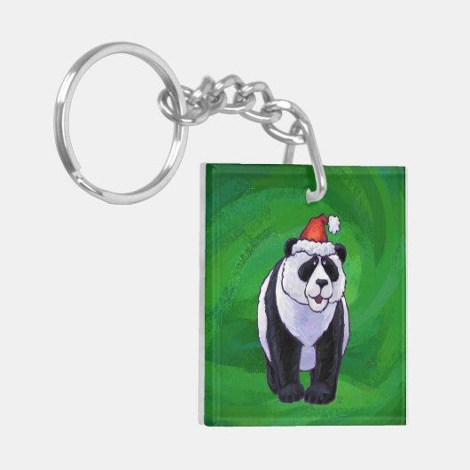 Cute Panda-Beer in Santa Hat op groen Sleutelhanger (Voorkant Links)