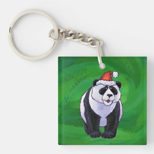 Cute Panda-Beer in Santa Hat op groen Sleutelhanger (Voorkant)