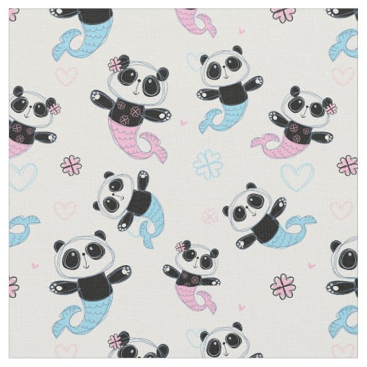 Cute Panda Beer Mermaids Stof (Close Up)