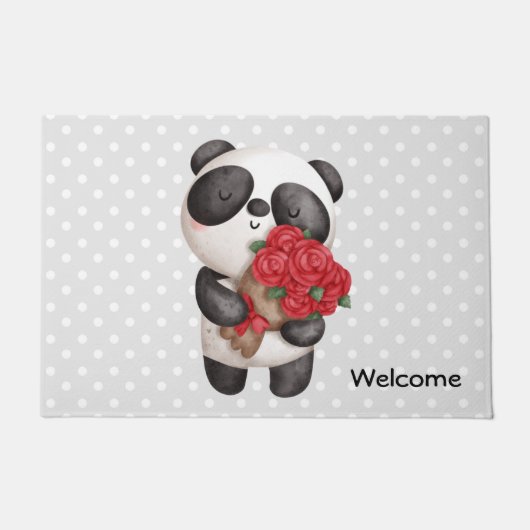 Cute Panda Beer met Bouquet Rozen Welkom Deurmat (Voorkant)