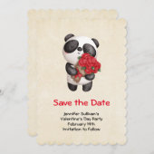 Cute Panda Beer met Bouquet van Rozen Save The Date (Voorkant / Achterkant)